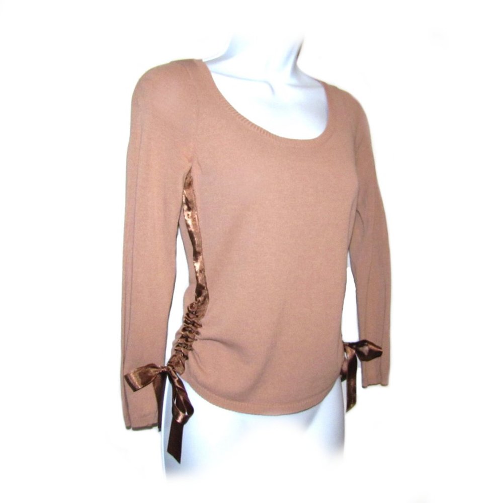 Anthropologie Moth Tawny Beige Sweater Brown Satin Ribbon Side Tie Ruched